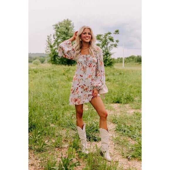 Women's Floral Dress Flowy Long Bell Sleeve Tie Front Deep Zipper V Back Size S - Picture 1 of 15